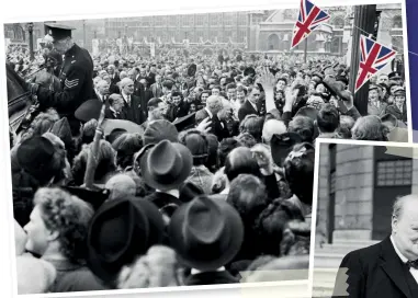  ??  ?? ABOVE & BELOW Prime Minister Winston Churchill is mobbed by crowds as he crosses from St Margaret’s Church to Parliament, Whitehall