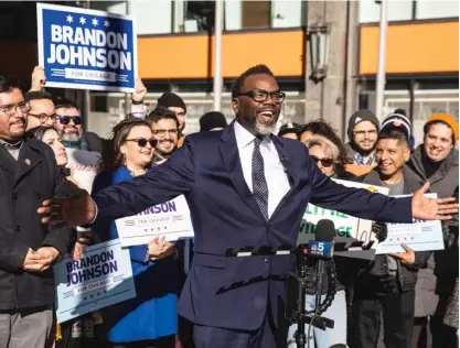  ?? ASHLEE REZIN/SUN-TIMES ?? Chicago mayoral candidate Brandon Johnson announces endorsemen­ts and other campaign news Monday at the Plaza of the Americas on the Magnificen­t Mile.