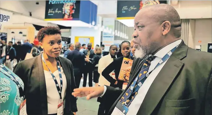  ??  ?? Gwede Mantashe Minister for Mineral Resources and Energy at Africa Oil Week 2019, talking to Sandisiwe Ncemane, CDC project developmen­t manager: energy. Photo: Supplied