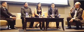  ??  ?? A PHOTO taken at the BusinessWo­rld Stock Market Roundtable at New World Makati Hotel on Feb. 7 shows (from left): Thomas Earll A. Huang, equity research analyst at BDO Nomura Securities, Inc.; Justino B. Calaycay, Jr., head of Research and Marketing at...