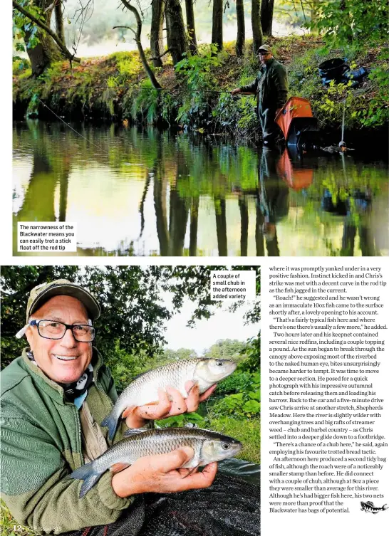  ??  ?? A couple of small chub in the afternoon added variety The narrowness of the Blackwater means you can easily trot a stick float off the rod tip