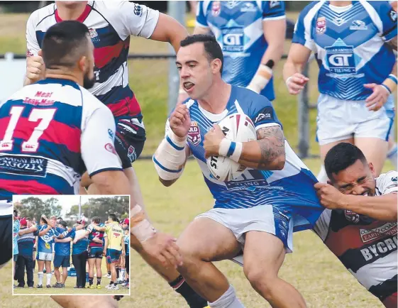  ?? Picture: MIKE BATTERHAM ?? Tugun’s Chris Thomas runs at the Runaway Bay defence during Saturday’s emotional contest which included a minute’s silence.