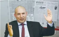  ?? (Marc Israel Sellem/The Jerusalem Post) ?? EDUCATION MINISTER Naftali Bennett speaks at the offices of ‘The Jerusalem Post’ yesterday.