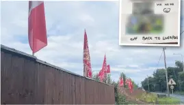  ??  ?? Liverpool FC flags outside Carl Edwards’s home and, inset, the disturbing letter sent to Sean and Helen Flaherty