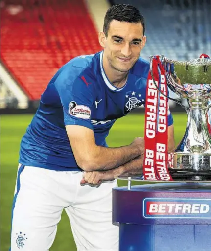 ??  ?? EYES ON THE SILVERWARE: Rangers captain LeeWallace and Celtic counterpar­t Scott Brown get a close-up