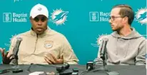  ?? LYNNE SLADKY/AP ?? Dolphins general manager Chris Grier, left, and coach Mike McDaniel could learn a few lessons from the Chiefs and Eagles.