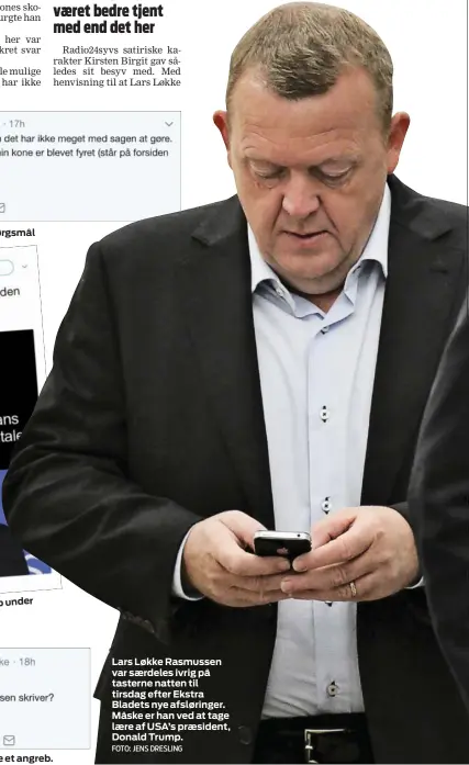  ?? FOTO: JENS DRESLING ?? Statsminis­teren ville ikke svare på konkrete spørgsmål trods sin beskyldnin­g om løgn. under op fyret Det bedste forsvar kan måske nogle gange vaere et angreb. Lars Løkke Rasmussen var saerdeles ivrig på tasterne natten til tirsdag efter Ekstra Bladets...