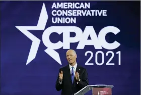  ?? JOHN RAOUX — THE ASSOCIATED PRESS ?? Sen. Rick Scott, R-Fla., speaks at the Conservati­ve Political Action Conference (CPAC) Feb. 26, in Orlando, Fla.