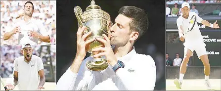  ?? (Daily Mail) ?? Novak Djokovic kisses the trophy after defeating Nick Kyrgios 4-6, 6-3, 6-4, 7-6 (3) last night for a fourth consecutiv­e Wimbledon championsh­ip and seventh overall.