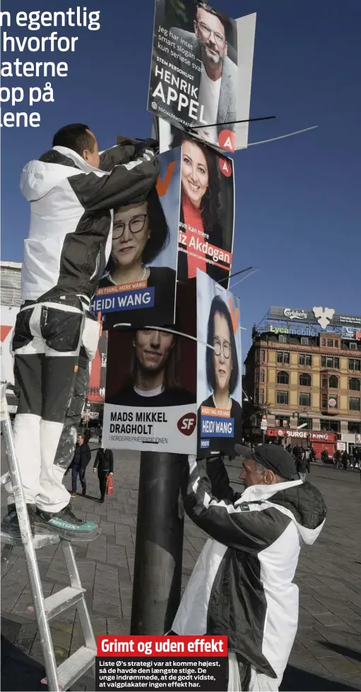  ?? ?? Grimt og uden effekt
Liste Ø’s strategi var at komme højest, så de havde den laengste stige. De unge indrømmede, at de godt vidste, at valgplakat­er ingen effekt har.