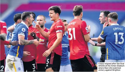  ??  ?? Chaos reigned after the final whistle at the Amex Stadium where Man Utd snatched victory against Brighton