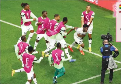  ?? (Reuters) ?? Ghana’s Mohamed Kudus celebrates scoring their third goal with teammates during the Qatar 2022 Group H match against South Korea at the Education City Stadium in Al Rayyan yesterday.