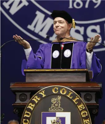  ??  ?? WORDS OF WISDOM: Suffolk Constructi­on CEO John Fish in his commenceme­nt address told Curry College graduates to take chances on people who don’t fit into the status quo.