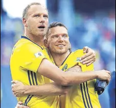  ?? AP ?? Sweden captain Andreas Granqvist (left) is greeted by Marcus Berg after he scored from the penalty against South Korea.