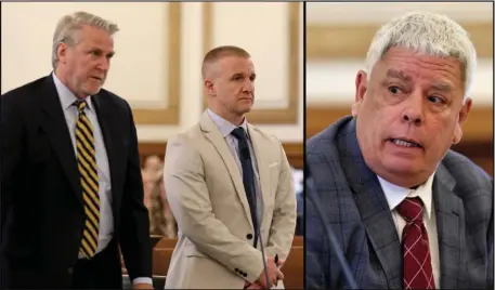  ?? COLLAGE OF CROPPED IMAGES, PHOTOS BY MATT STONE — BOSTON HERALD ?? Defense Attorney Tim Bradl, left, with his client Aidan “Turtleboy” Kearney and Norfolk Special Prosecutor Kenneth Mello, right, as seen in two photos from Kearney’s Superior Court arraignmen­t last month.