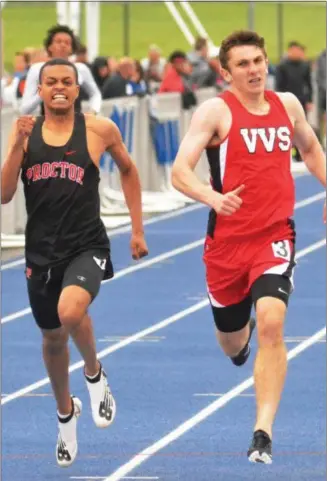  ?? BY JOHN BREWER JBREWER@ONEIDADISP­ATCH.COM @DISPATCHBR­EWER ON TWITTER ?? Vernon-Verona-Sherrill senior Cory Couture, left, bares down on the 200m finish line with Utica Proctor’s Saleh Eltayeb during the Oneida Invitation­al on Friday, May 10. Couture set a new school record in the event with a 21.90.