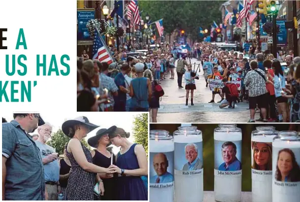  ?? AGENCY PIX ?? (Clockwise, from top) A 16-year-old girl playing a bagpipe during a candleligh­t vigil in Annapolis, Maryland, yesterday. Memorial candles representi­ng the victims. Three daughters of slain journalist Wendi Winters — Winters, Summerleig­h and Montana...