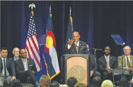  ??  ?? Mayor Michael Hancock makes his State of the City address in the gymnasium at the Hiawatha Davis Jr. Recreation Center on Monday. Hancock made a reference to his sister’s recent move back to Denver, only to find that “housing prices were out of her...