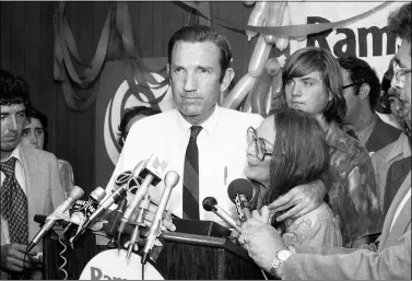  ?? DAVE PICKOFF — THE ASSOCIATED PRESS FILE ?? Ramsey Clark, Democratic candidate for the U.S. Senate, center, speaks Sept. 14, 1976, at Lincoln Center in New York. Clark, the attorney general in the Johnson administra­tion who became an outspoken activist for unpopular causes and a harsh critic of U.S. policy, has died April 9. He was 93.