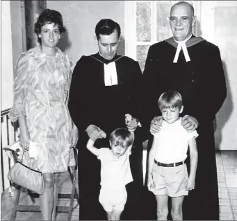  ??  ?? Rev John Russell, centre, with his wife, Sheila, their two sons and Dr Eugene Carson Blake, general secretary of the World Council of Churches in 1970.