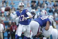  ?? BRIAN BLANCO - THE ASSOCIATED PRESS ?? Buffalo Bills quarterbac­k Josh Allen (17) works against the Carolina Panthers during the first half an NFL preseason football game, Friday, Aug. 16, 2019, in Charlotte, N.C.