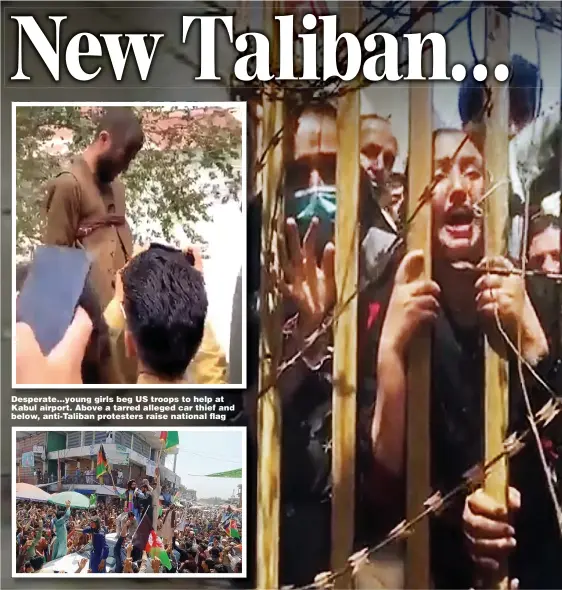  ??  ?? Desperate...young girls beg US troops to help at Kabul airport. Above a tarred alleged car thief and below, anti-Taliban protesters raise national flag