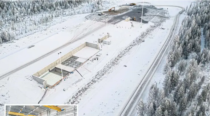  ?? PHOTOS BY AFP ?? ABOVE This aerial view taken on Nov 21 shows constructi­on machines as they work on three new launch pads at the Esrange Space Centre in Jukkasjarv­i, northern Sweden. Inset: A new hangar, big enough to house two 30-metre rockets, is pictured at the space centre.