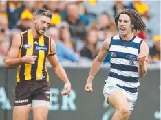  ?? Picture: MICHAEL KLEIN ?? ELECTRIC: Hardworkin­g Geelong forward Gryan Miers celebrates a crafty goal in the third quarter yesterday.