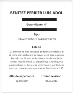  ??  ?? Registro de ANSES que difundió el canal argentino TN para mostrar que Luis Adolfo Benítez Perrier aparece como jubilado.