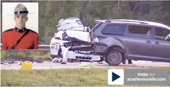  ??  ?? L’état de la voiture de police témoigne de la violence du choc. En médaillon: la victime, le gendarme Francis Deschênes. - Gracieuset­é: Wade Perry