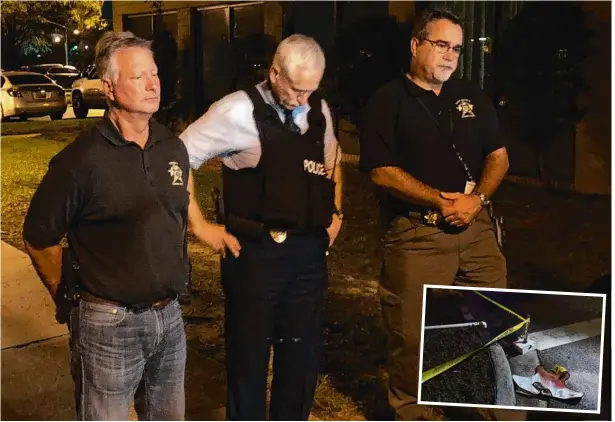  ?? Picture: AP ?? Florence County Sheriff Kenney Boone, Police Chief Allen Heidler and County Chief Deputy Glenn Kirby speak to media and, inset, bloody evidence at the scene.