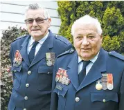  ??  ?? Having recently obtained their 70 and 55year service awards respective­ly, Joe Cummings and John Beavis continue to serve and provide guidance to young Bunyip Fire Brigade members.