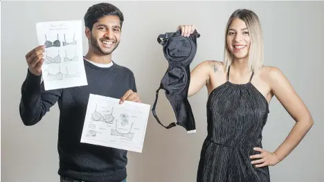  ?? PETER J. THOMPSON ?? Jacob John and Stephania Stefanakou with their bra prototype that adjusts in size in response to hormonal changes.