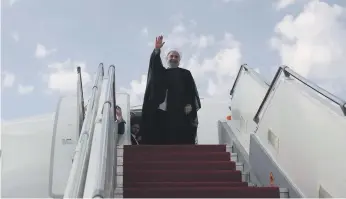  ?? EPA ?? Iranian President Hassan Rouhani leaves Mehrabad Internatio­nal Airport in Tehran yesterday to attend the 73rd UN General Assembly in New York. He accuses the US of ‘bullying’ Iran
