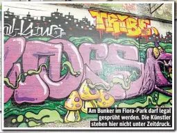  ??  ?? Am Bunker im Flora- Park darf legal
gesprüht werden. Die Künstler stehen hier nicht unter Zeitdruck.