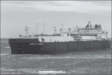  ?? Photo by D. Lobusov/MarineTraf­fic.com ?? TRAVELING THE BERING STRAIT— The Nikolay Zubov cuts through icy waters in this online stock photo. The tanker was specially built in 2019 to transport LNG from Siberia to East Asia along the North Sea Route. Last week it traversed the Bering Strait.