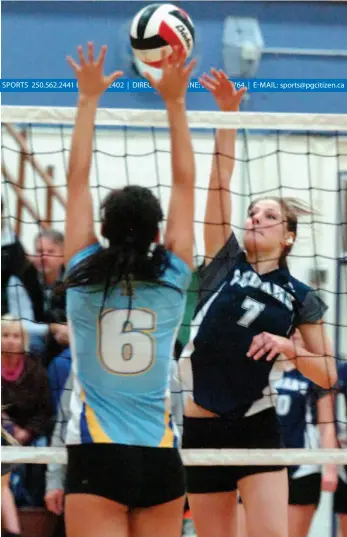  ?? CITIZEN PHOTO BY DAVID MAH ?? Melissa Gordon and the Cedars Christian Eagles volleyed past Kristian Leishman and the Chetwynd Cavaliers in the single-A girls north-central zone championsh­ip Saturday at CNC.