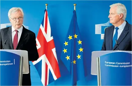  ?? Pictures: FRANCOIS LENOIR / REUTERS, ADRIAN DENNIS / AFP ?? Brexit Secretary David Davis has been faced with intransige­nce from the EU’s chief negotiator Michel Barnier