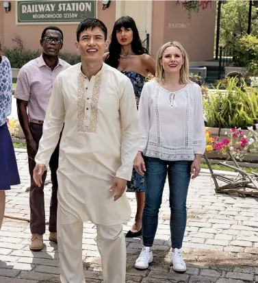  ??  ?? RESIDENT E9IL From left: Your demon host, Michael (Danson), with Janet (Carden), Chidi (Harper), Jason (Jacinto), Tahani (Jamil) and Eleanor (Bell) in a scene from Season 2.