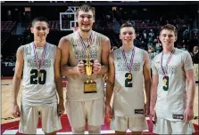  ?? JAMES BEAVER/FOR MEDIANEWS GROUP ?? Methacton captains Erik Timko (20), Jeff Woodward (55), Owen Kropp (2) and Brett Eberly (3) pose with their newly won District 1-6A championsh­ip trophy.