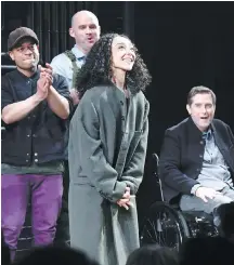  ?? THE ASSOCIATED PRESS ?? Actor Ruth Negga, centre, participat­es in the curtain call during the opening night of Macbeth at the Longacre Theatre in New York on Thursday.