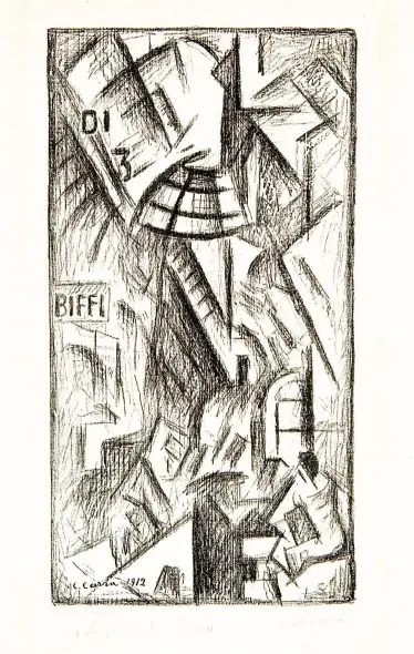  ??  ?? Carlo Carrà - La Galleria di Milano
1912-1949, litografia su zinco, 36,4x19,2 cm.