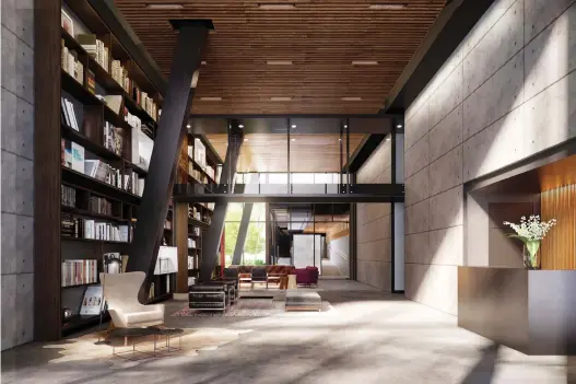  ?? WATSON & COMPANY PHOTO, COURTESY OF LEMAY + ESCOBAR ?? The lobby at Charlie West condo project in New York City, designed by Andres Escobar, doubles as a library/lounge and features a dramatic wood ceiling designed to keep sound from bouncing off the walls and concrete floor.