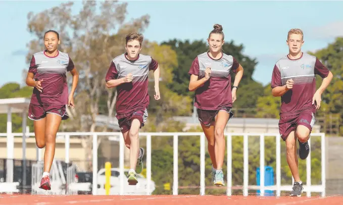  ?? Picture: MIKE BATTERHAM ?? Gold Coast athletes Dianne Waight, 13, Kris Haywood, 13, Emelia Surch, 14, and Kobe Hinton, 15, will compete at the national Little Athletics titles.