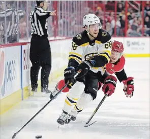  ?? ASSOCIATED PRESS FILE PHOTO ?? Boston Bruins forward David Pastrnak (88) became friends with William Nylander of the Toronto Maple Leafs while the two were teammates with Swedish club Sodertalje SK.