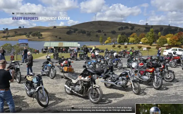  ?? ?? ABOVE Everyone arrives at Carcoar Dam for a feed of hot dogs. RIGHT Rob Sommervill­e motoring into Newbridge on his 1958 AJS comp model.