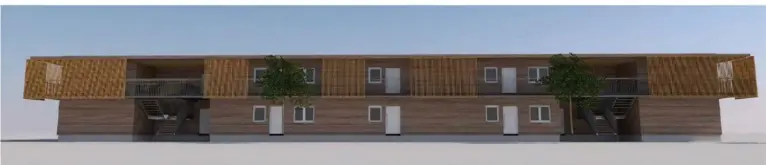  ?? GRAFIKEN: STADT XANTEN ?? Die Entwürfe der Stadt zeigen, wie die neue Flüchtling­sunterkunf­t aussehen soll. Die oberen Wohneinhei­ten werden über Treppen und einen Laubengang erreicht.