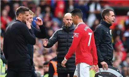  ?? Photograph: David Klein/Reuters ?? Cristiano Ronaldo with manager Erik ten Hag after being substitute­d against Newcastle.