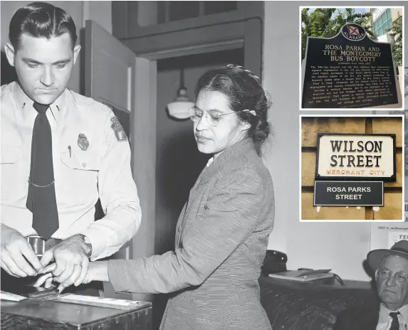  ??  ?? Rosa Parks in 1956, and inset from top, The Rosa Parks Museum in Alabama and a renamed Wilson Street during recent Black Lives Matter protests