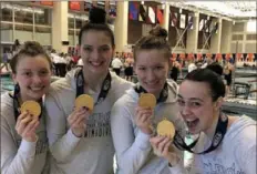  ?? Photo submitted ?? The Mt. Lebanon 200 medley relay team won the gold medal at the 2019 PIAA Class 3A championsh­ips. Members of the team were, from left, Hannah Morelli, Maddie Dorish, Trinity Ward and Sophia Donati.